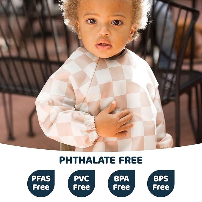 Tiny Twinkle Mess Proof Baby Bib,Waterproof Smock Baby Bib for Eating,Machine Washable Long Sleeve Bib,Baby Led Weaning,Toddler Bib,BLW Supplies(Checkers Brown,Large 2-4 Years)