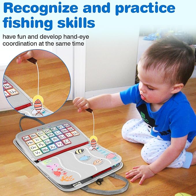 Busy Board Montessori Toys for 1 2 3 4 Year Old Boy & Girl Birthday Gifts, Autism Sensory Travel Toy for Toddlers 1-3, Educational Activity Sensory Board Learning Fine Motor Skills Toys, Gray