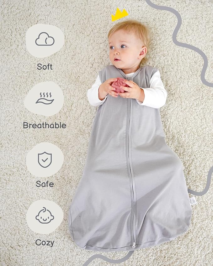 Baby Sleep Sack 12-18 Months, 100% Organic Cotton Wearable Blanket for Babies, 2-Way Zipper TOG 0.5 Lightweight Breathable Baby Sleeping Bag, 4 Sizes-L Cotton&Fawn&Grey