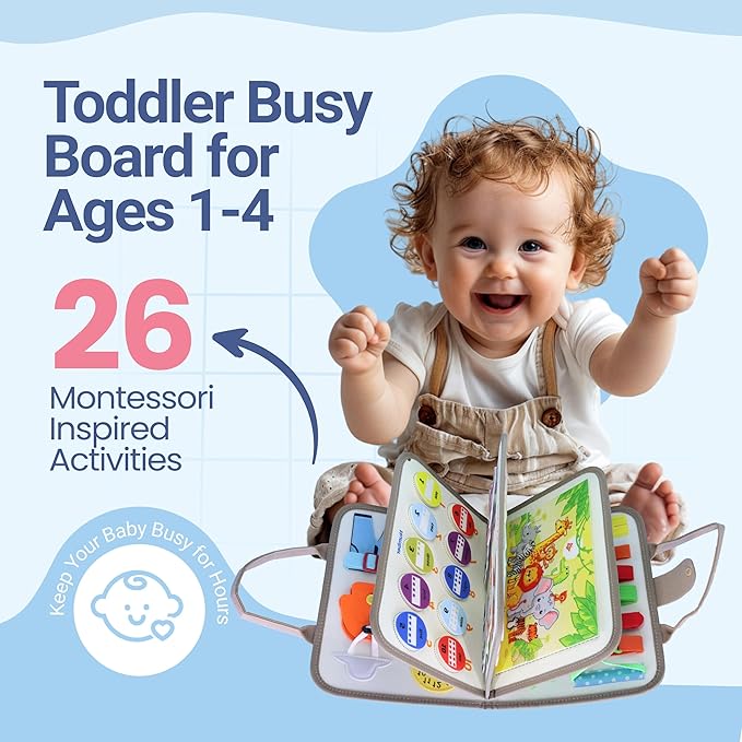 Thinker PLORA Toddler Busy Board – Montessori Toys for 1-4 Year Old Boys and Girls, Sensory Educational Activities for Learning Fine Motor Skills, Travel Toy for Car and Airplane