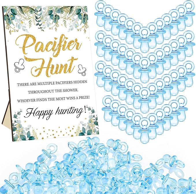 Thyle 51 Pcs Pacifier Hunt Baby Shower Games Include Hunt Sign and 50 Acrylic Pacifiers for Baby Shower Game Decoration Gift Sets Gender Reveal Party Decor(Greenery)