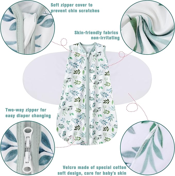 Newborn Sleep Sack Baby Swaddle,Swaddle me 0-3 Month,3-Way Adjustable Wearable Blanket,100% Rayon Cotton Swaddling Sleeping Bag,TOG 0.5 (Leaf, 0-3 Months)