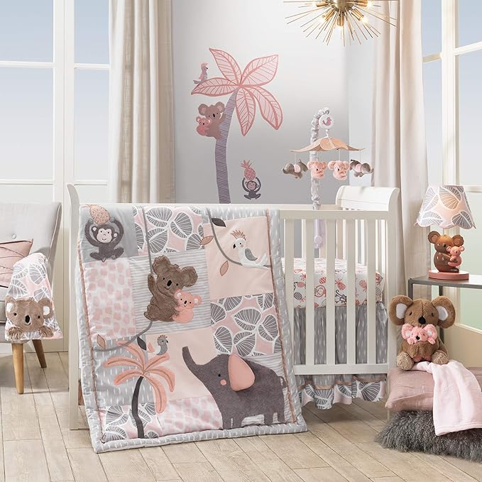 Lambs & Ivy Calypso Pink/Gray Koala Leaf Print Luxury Coral Fleece Baby Blanket