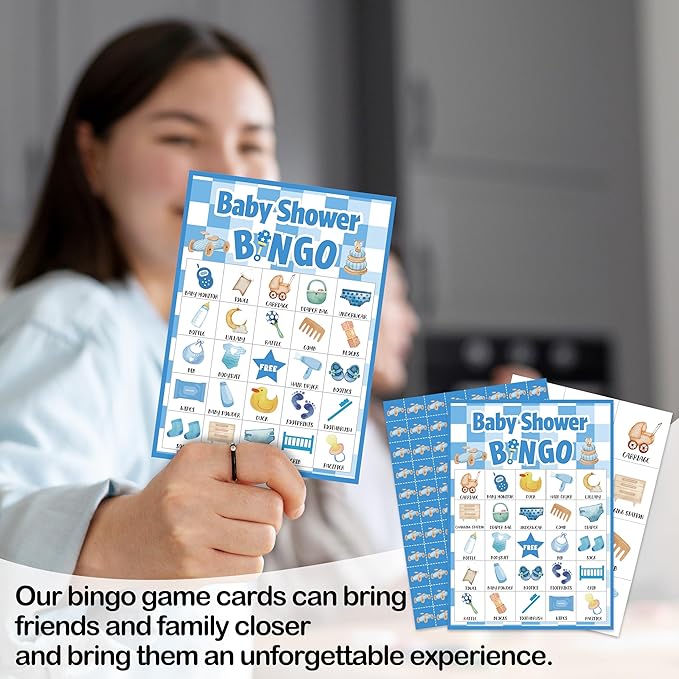 Baby Shower Bingo Game For Adults, Baby Shower Party Bingo Game Set, Blue Baby Shower Bingo Cards, Gender Reveal Bingo Favors For Family Friends, Baby Shower Large Group Game Decor & Supplies -16