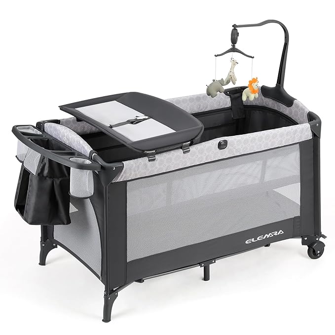 ELEMARA 50" Babies Bassinet Bedside Crib with Diaper Changer,Pack and Play with Mattress and Blackout Cover for Baby,4 in 1 Playpen Travel Bed with Storage,Playard with Adjustable Height