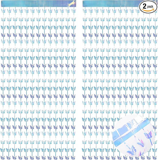 BRAVESHINE Iridescent Hanging Butterfly Foil Fringe Curtain - 2 Pack 3.2x6.6ft Holographic Party Streamers Backdrop for Baby/Bridal Shower/Mermaid/Frozen/Fairy/Princess/Butterfly Birthdays Decorations