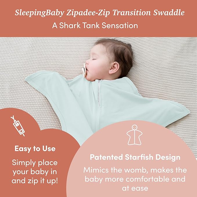 SleepingBaby Zipadee-Zip Transition Swaddle (Classic Mint, Medium for 6-12 Months) and Snuggle Strap (Grey, One Size) - Wearable Baby Blanket and Accessory for Easy Diaper Changes - Polyester, Spandex