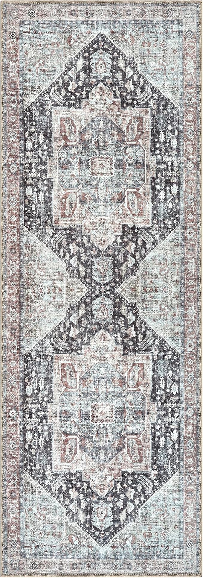 Bloom Rugs Washable Non-Slip 10 ft Runner - Charcoal/Brown Traditional Medallion Runner for Entryway, Hallway, Bathroom, and Kitchen - Exact Size: 2.5' x 10'