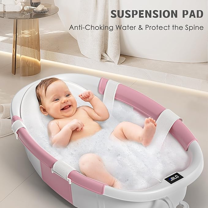 Collapsible Baby Bathtub for Newborn to Toddler 0-36 Months,Extra Large Foldable Infant Bath Tub with Thermometer,Cushion & Drain Hole,Portable Travel Tub, Baby Shower Gift Pink