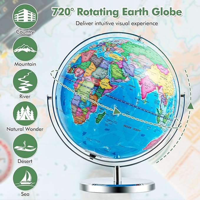 COSTWAY Illuminated World Globe, 13” Desktop Geographic Globe w/LED Light & Easy-to-Read Clear Map for Students, 720° Rotation Decoration, Educational Interactive Globe for School, Classroom