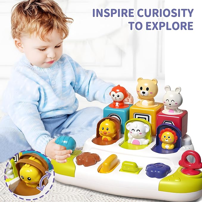 Pop Up Animals Toy with Buttons, Montessori Toys for Babies Cause and Effect Baby Toy Educational Toys 12-18 Months, Birthday Gift for Boys Girls