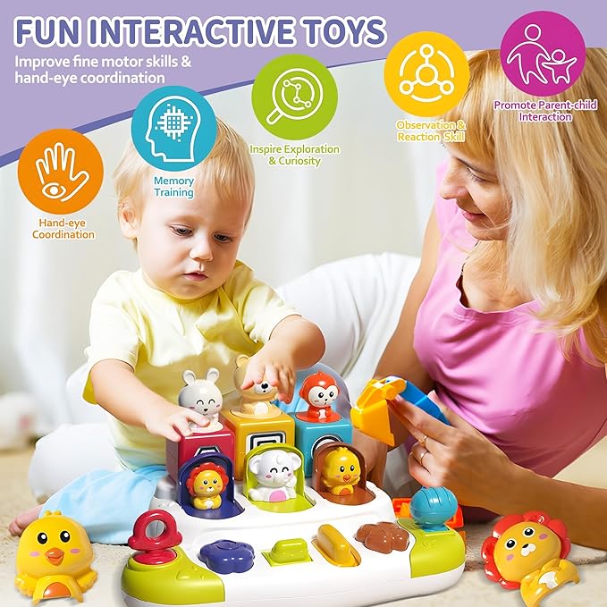 Pop Up Animals Toy with Buttons, Montessori Toys for Babies Cause and Effect Baby Toy Educational Toys 12-18 Months, Birthday Gift for Boys Girls