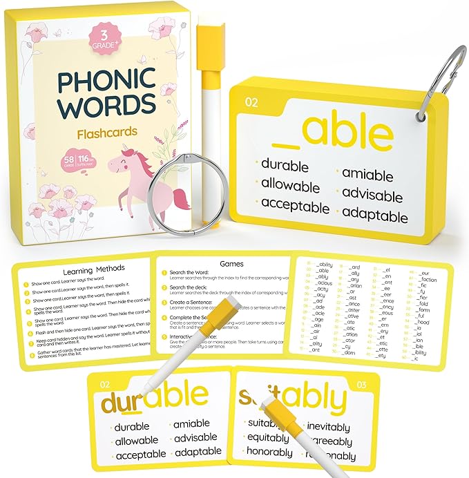 WJPC 116 Set Phonics Suffix Words Flash Cards,Phonic Sigh Words Flash Cards for 7,8,9,10,11,12 Years 2nd, 3rd, 4th, 5th Grade Boys&Girls&Kids Learning Writing Reading