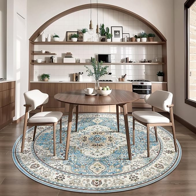 Ciicool Washable Area Rug Round 6’x6’ Boho Bedroom Rug Non-Slip Oriental Carpet Throw Rug Low-Pile Indoor Floor Carpet for Dining Room Living Room Laundry Foyer Decor (Vintage Blue)
