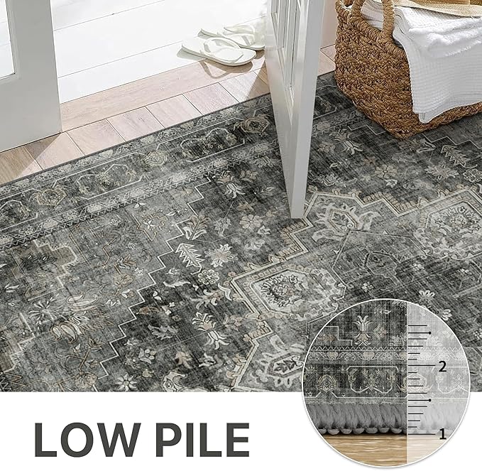 GENIMO 9x12 Area Rugs for Living Room, Machine Washable Non Slip Vintage Rugs, Low Pile Lightweight Chenille Print Rug for Bedroom, Dining Room, Home Office,Charcoal Gray