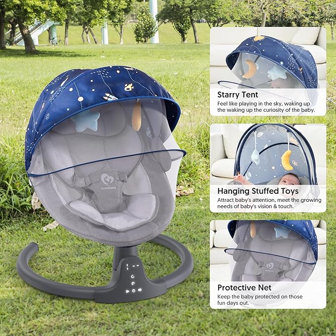 Bluetooth Baby Swing for Infants, Compact & Portable Baby Swing, 3 Seat Positions, 5 Swing Speed, 10 Music, Remote Control, USB Plug-in Power, Reversible Cushion for All Seasons