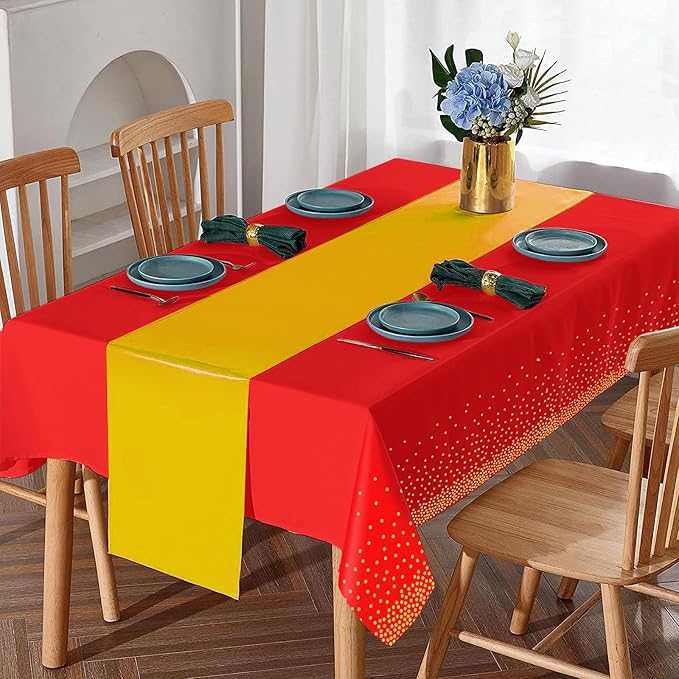 8Pack Disposable Plastic Party Tablecloths and Satin Table Runner Set Red and Gold Dot Table Cloth Gold Satin Table Runner for Wedding Birthday Baby Shower Anniversary Holiday Party Decorations