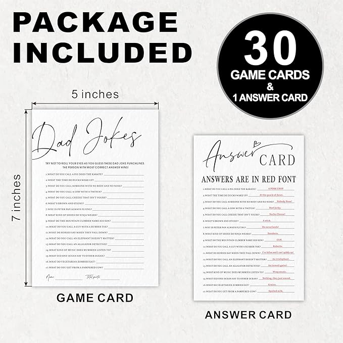 Baby Shower Game Cards Kit - Dad Jokes - 30 Minimalism White Calligraphy Fill In Style Game Cards For Baby Announcement, Gender Reveal, Game For New Parents To Be, Party Favor & Supplies - B04