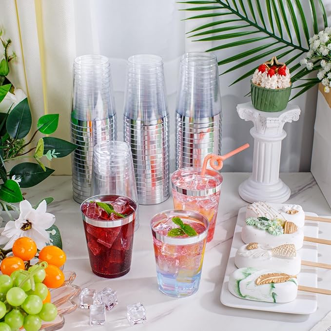 supernal 200pcs 10oz Silver Plastic Cups,Disposable Wine Glasses Cocktail Glasses Premium Cups,Party Cocktails Tumblers,Silver Rimmed Plastic Cup for Party,Wedding, Birthday,Thanksgiving Day