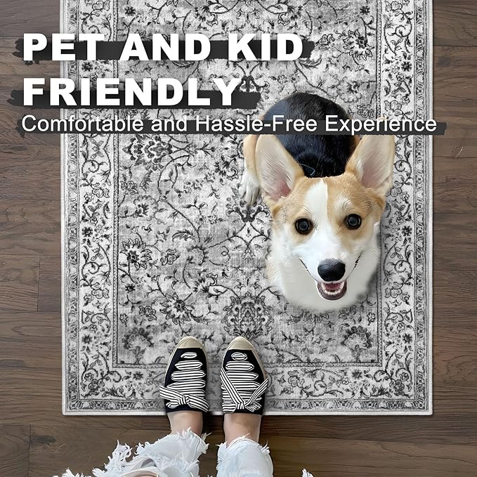KILOCOCO Hallway Runner 2.6x10 Runner Rug Printed Vintage Floral Washable Rugs Kitchen Runners Soft Non-Slip Low Pile Rubber Backed Runners for Laundry Room Distressed Boho Rugs, Light Gray White