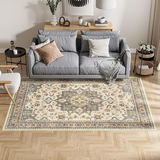 Dripex Vintage Washable Area Rug - 3x5 Entryway Rug for Indoor Door Mat Low-Pile Non-Slip Bedside Rug Bedroom Oriental Medallion Floral Print Carpet Soft Accent Rug Farmhouse Office Home Decor