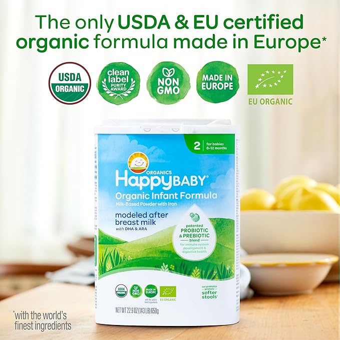Happy Baby Organics Stage 2 Infant Formula, 6 12 Months, Milk Based Organic Baby Formula Powder with Iron, Probiotics & Prebiotics for Immune & Digestive Support, 22.9 Ounce (Pack of 1)