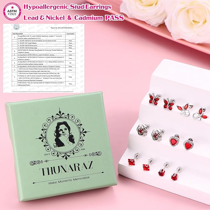 THUNARAZ Hypoallergenic Screw Back Earrings for Girls Women Surgical Stainless Steel Stud Earrings for Sensitive Ears Cute Butterfly Flower Heart CZ Screwback Earring Kid Toddler Girls Jewelry Gift
