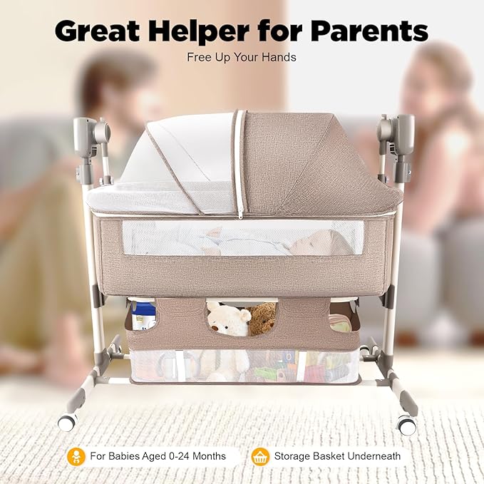 CNCEST Smart Electric Baby Bassinet Bedside Sleeper,Music Play,Automatic Cradle with 3 Speed Timing,5 Speed Wobbling,Portable Baby Bed Height Adjustable Crib,Nets+Mattresses