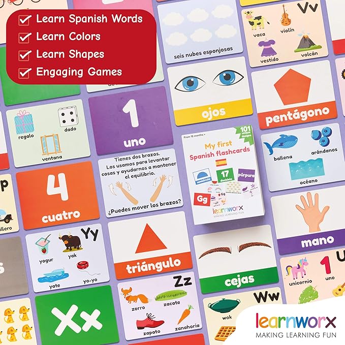 Spanish Flash Cards for Kids and Toddlers - 101 Cards - 202 Sides - Learn Shapes, Numbers, Colors, Body Parts, Counting, Letters & More - Great Value, Fun Learning and Educational Flashcards