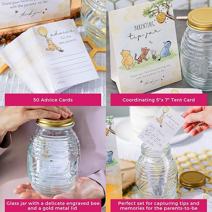 Kate Aspen Honey Bear Parenting Tip Jar For Baby Shower Game & Activity, Advice Cards & Bee Hive Shaped Jar with Lid, Nursery and Baby Shower Decoration