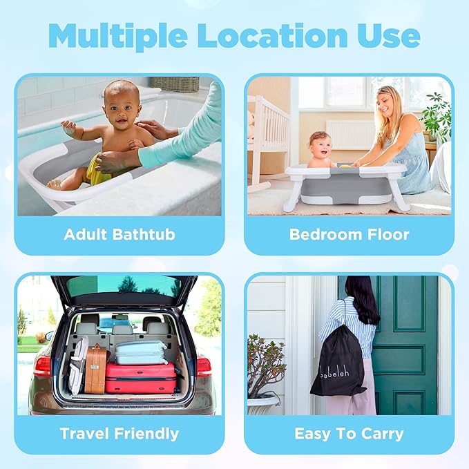 BEBELEH™ Collapsible Baby Bathtub with Thermometer – Bathtub + Baby tub Sling + Newborn Sling – Baby Bathtub Newborn to Toddler 0-24 Months – The Ultimate Baby Bath tub! (with Thermometer,Blue)