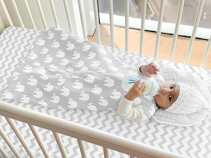 BaeBae Goods Premium Crib Sheets for Baby Boys and Girls, 4 Pack, Soft and Breathable Jersey Knit Fitted Sheet Set, Grey and White, Cute Gender Neutral Nursery Mattress Bedding, Universal Fit