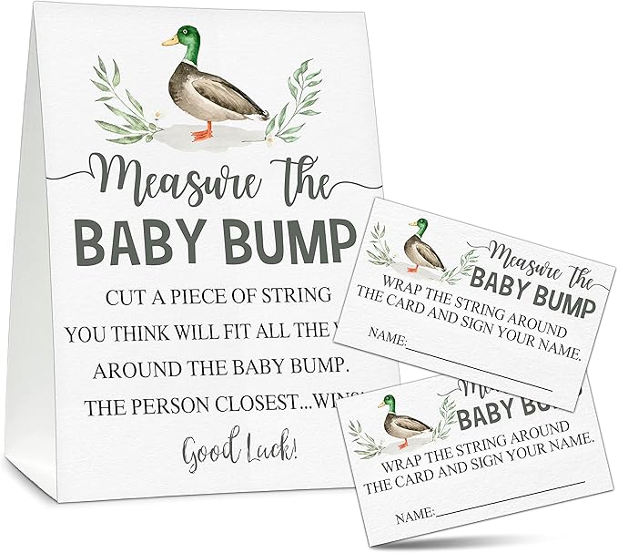 Measure the Baby Bump Baby Shower Game Set, 1 Standing Sign with 50 Guessing Cards, Mallard Duck Gender Reveal Party Decorations Supplies - B35