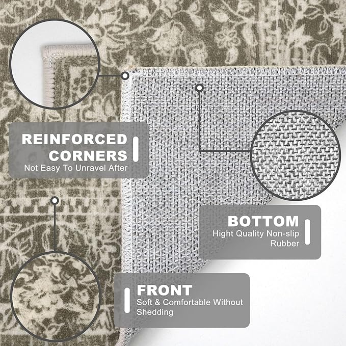 KILOCOCO Hallway Runner 2x5 Kitchen Runner Rug Printed Vintage Floral Washable Non-Slip Runners for Hallways Laundry Room Rugs Distressed Boho Rug Runners for Bedroom, Taupe/Green