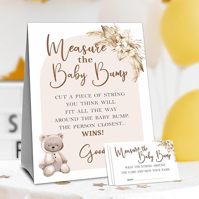 Baby Shower Measure The Baby Bump Game Set - Boho Bear Arch - 1 Self-Standing Sign And 50 Tickets - Gender Reveal, Baby Shower, Baby Announcement Activity & Party Favor Supplies - A03