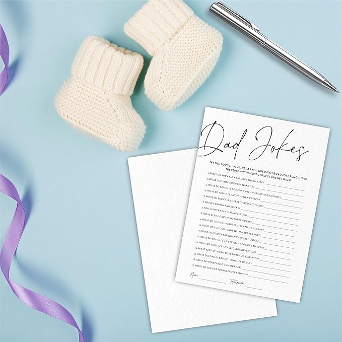 Baby Shower Game Cards Kit - Dad Jokes - 30 Minimalism White Calligraphy Fill In Style Game Cards For Baby Announcement, Gender Reveal, Game For New Parents To Be, Party Favor & Supplies - B04