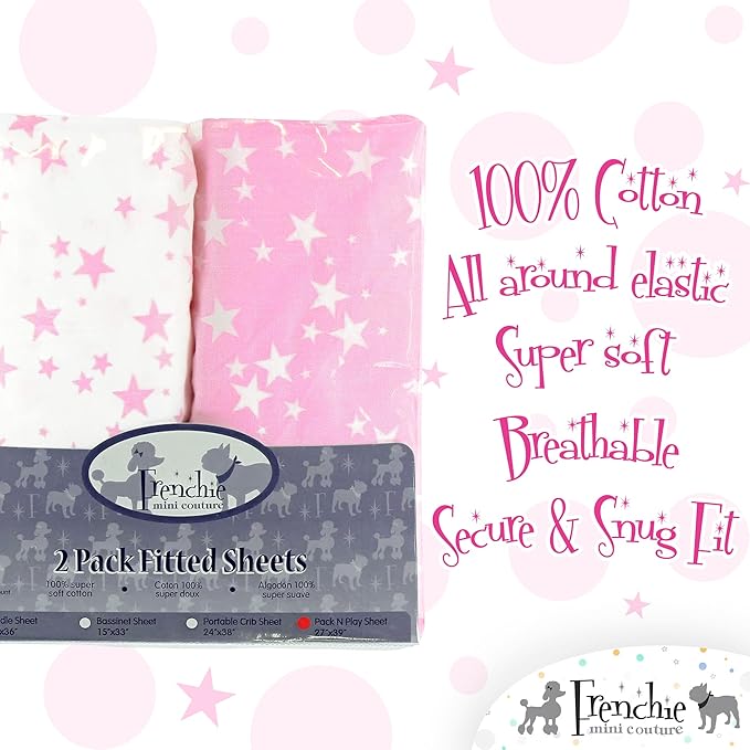 Fitted Pack N Play Sheets 100% Woven Cotton Standard Mattress, Pink Stars, 27 x 39in, 2-Pack