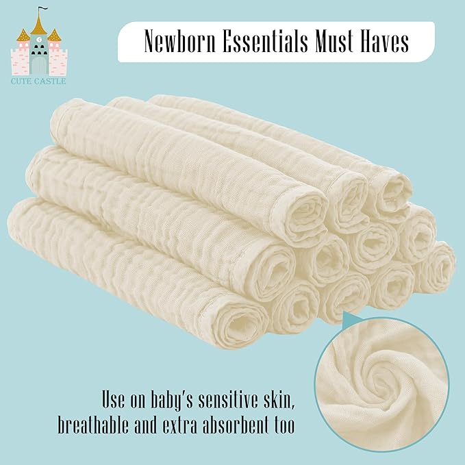 Cute Castle 12 Pack Muslin Burp Cloths for Baby - Ultra-Soft 100% Cotton Baby Washcloths - Large 20'' by 10'' Super Absorbent Milk Spit Up Rags - Burpy Cloths for Unisex, Boy, Girl - Ivory