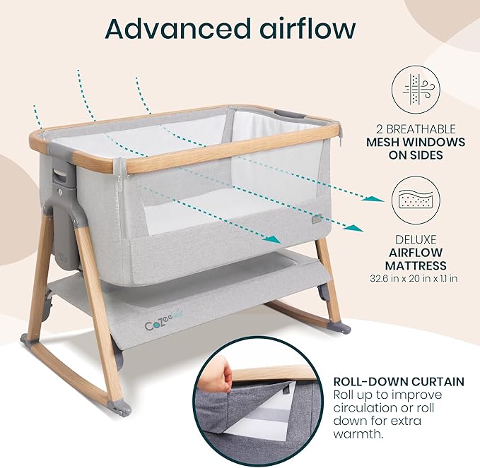 CoZee® Air Baby Bassinet & Bedside Sleeper - Rocking Bassinet for Baby, Fast-Folding with Travel Bag, Deluxe Airflow Mattress & 6 Mattress Heights, 0-6 Months (Silver & Oak)
