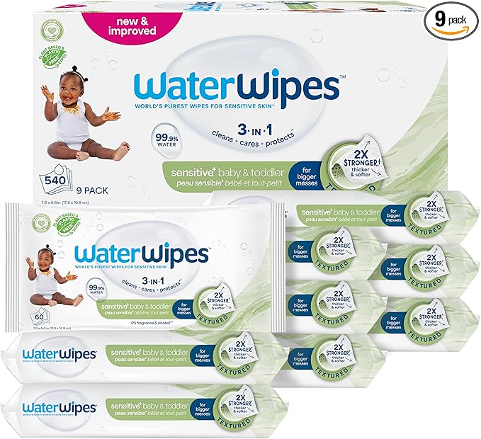 WaterWipes Sensitive+ Baby & Toddler Wipes, 3-In-1 Cleans, Cares, Protects, 99.9% Water, Textured Clean, Unscented & Hypoallergenic, 540 Count (Pack of 9)