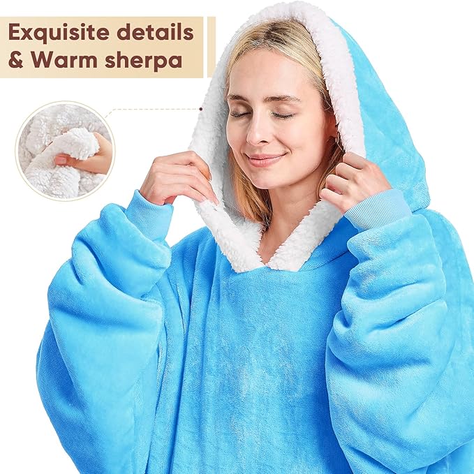 yescool Wearable Blanket Hoodie - birthday gifts for Adults/Women/mom, Flannel Cozy Sherpa Fleece Blanket Sweatshirt with Hood, Pocket & Sleeves, Large, One Size Fits All (Turquoise)
