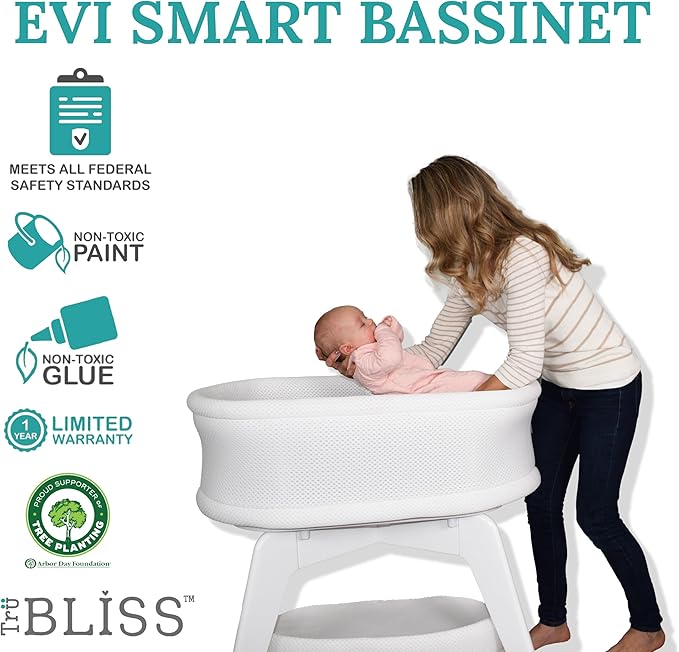 Evi Smart Baby Bassinet Beside Sleeper with Auto-Glide, Ambient Nightlight & Sensory Sounds, Compatible with Alexa and Google Home, Includes 2 Sheets (White W/White Legs)