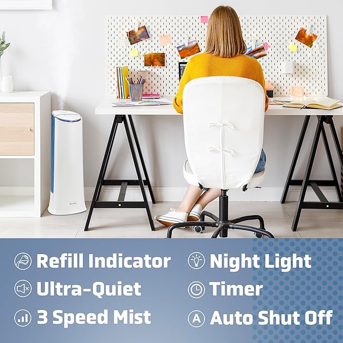 PureGuardian Ultrasonic Cool Mist Humidifier, 100 Hrs. Run Time, 1.5 Gallon Tank, 440 Sq. Ft. Coverage, Medium Rooms, Quiet, Filter Free, Essential Oil Tray, White, H3200WAR