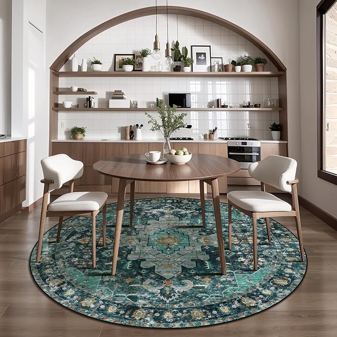 Ciicool Washable Area Rug Round 6’x6’ Teal Boho Bedroom Rug Non-Slip Oriental Carpet Throw Rug Low-Pile Indoor Floor Carpet for Dining Room Living Room Laundry Foyer Decor (Teal/Multi)