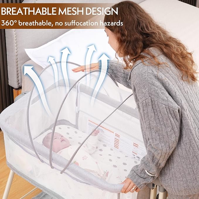 Baby Bassinet,Rocking Bassinet with Waterproof Sheet,3 in 1 Baby Bassinets Bedside Sleeper,6 Height Adjustable Bedside Bassinet for Newborn(Grey)
