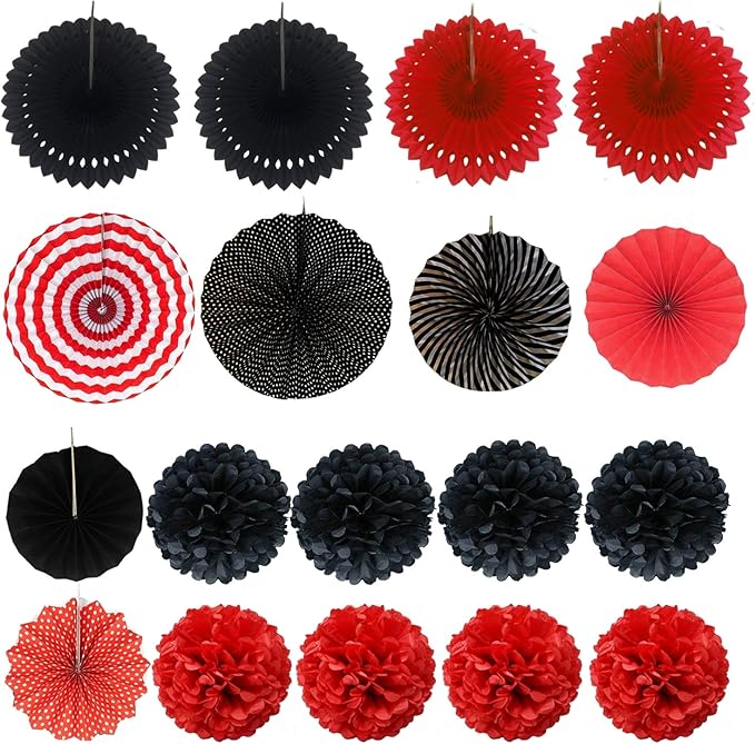 ZERODECO Party Decoration, 21 Pcs Black and Red Hanging Paper Fans Pom Poms Flowers, Garlands String Polka Dot and Triangle Bunting Flags for Minnie Mouse Birthday Parties Baby Showers Wedding