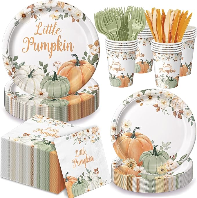 100 Pcs Little Pumpkin Baby Shower Party Decoration – Autumn Pumpkin & Floral Tableware Set with Plates, Napkins, Cups, Cutlery for Thanksgiving & Fall Baby Shower Decorations, Serves 20
