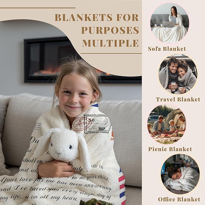 Personalized Fathers Day Birthday for Dad Custom Throw Blanket with Pictures, Customized Photo Blankets Gift for Daddy Men Grandpa Husband from Daughter Son Kids Wife (dad Letter)