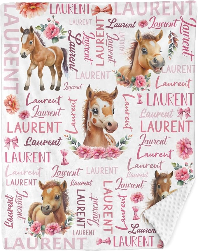 Personalized Baby Blanket for Girls Pink Pony Custom Baby Blankets with Name Dotted Backing Customized Gifts for New Mom Customize Baby Blanket for Kids Newborn Birthday (Pony)