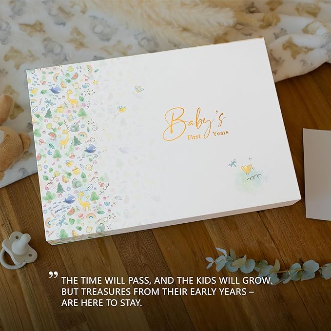 Keepsake Baby Memory Book With Box - Timeless Leather-Bound Milestone Book | Photo Memory Box to Record Baby Shower to Age 5 - Beautiful Gift for Girls and Boys
